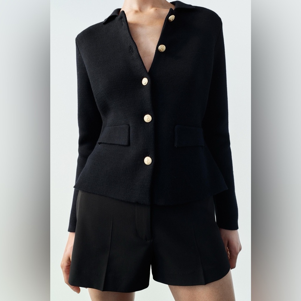 Zara Gold Button Knit Blazer M Navy Blue M NWT